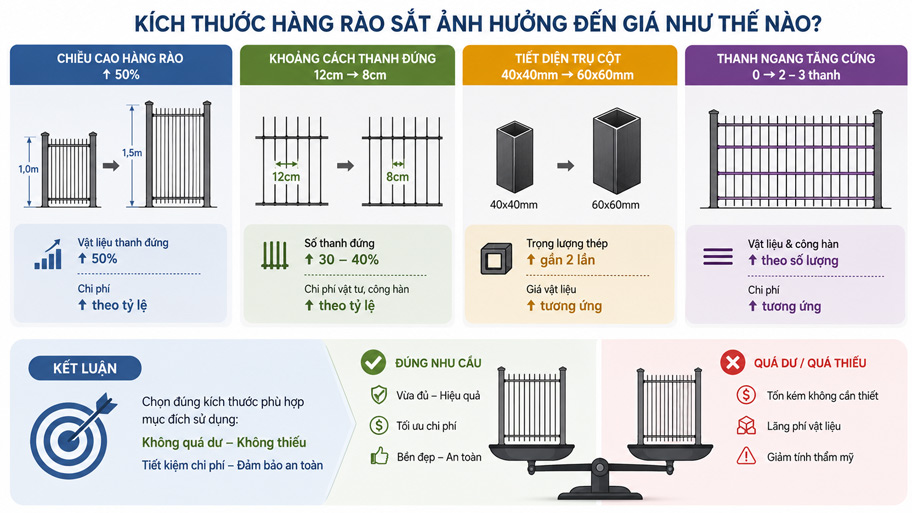 Kích thước hàng rào sắt ảnh hưởng đến giá như thế nào