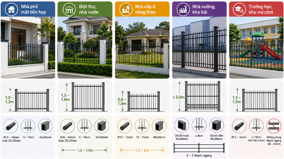 Kích thước hàng rào sắt phù hợp với từng công trình