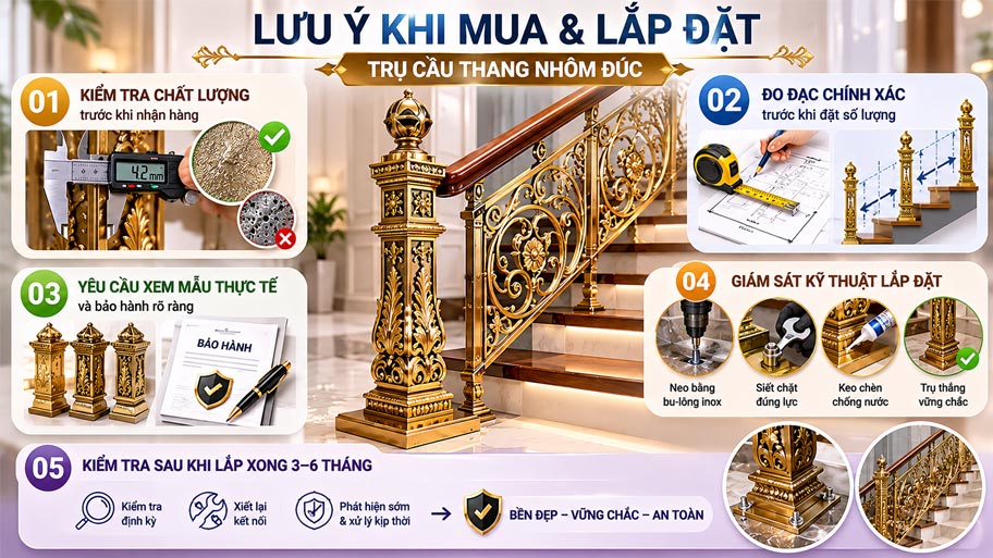 Lưu ý khi mua lắp đặt trụ cầu thang nhôm đúc