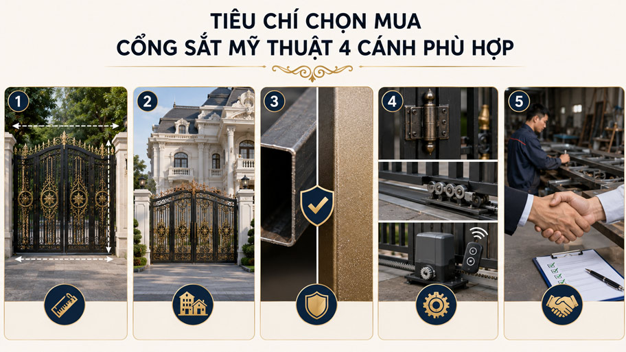 Tiêu chí chọn mua cổng sắt mỹ thuật 4 cánh phù hợp